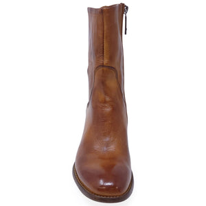 Brown leather mid-calf boot with full side zipper and stitched ankle panel