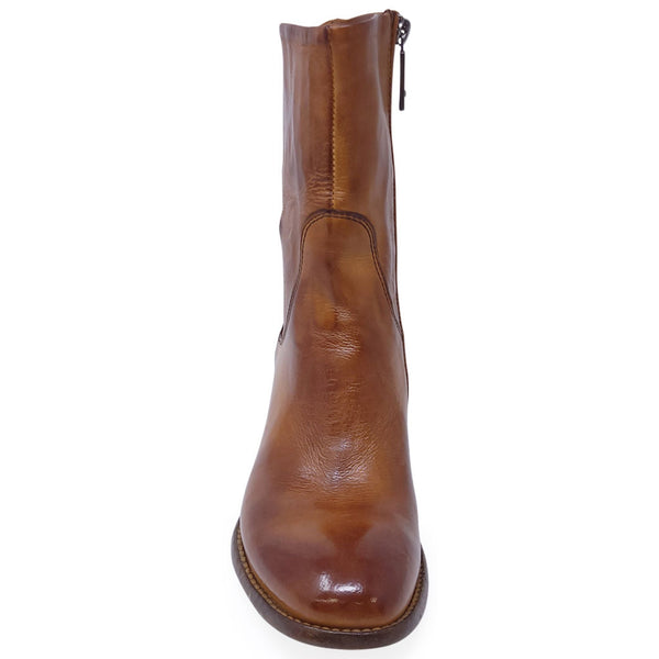 Brown leather mid-calf boot with full side zipper and stitched ankle panel
