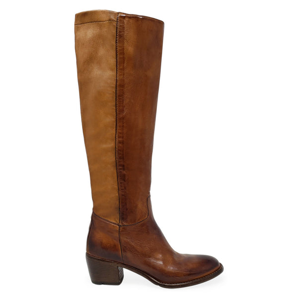 Cognac knee-high leather boot with block heel and side seam zipper