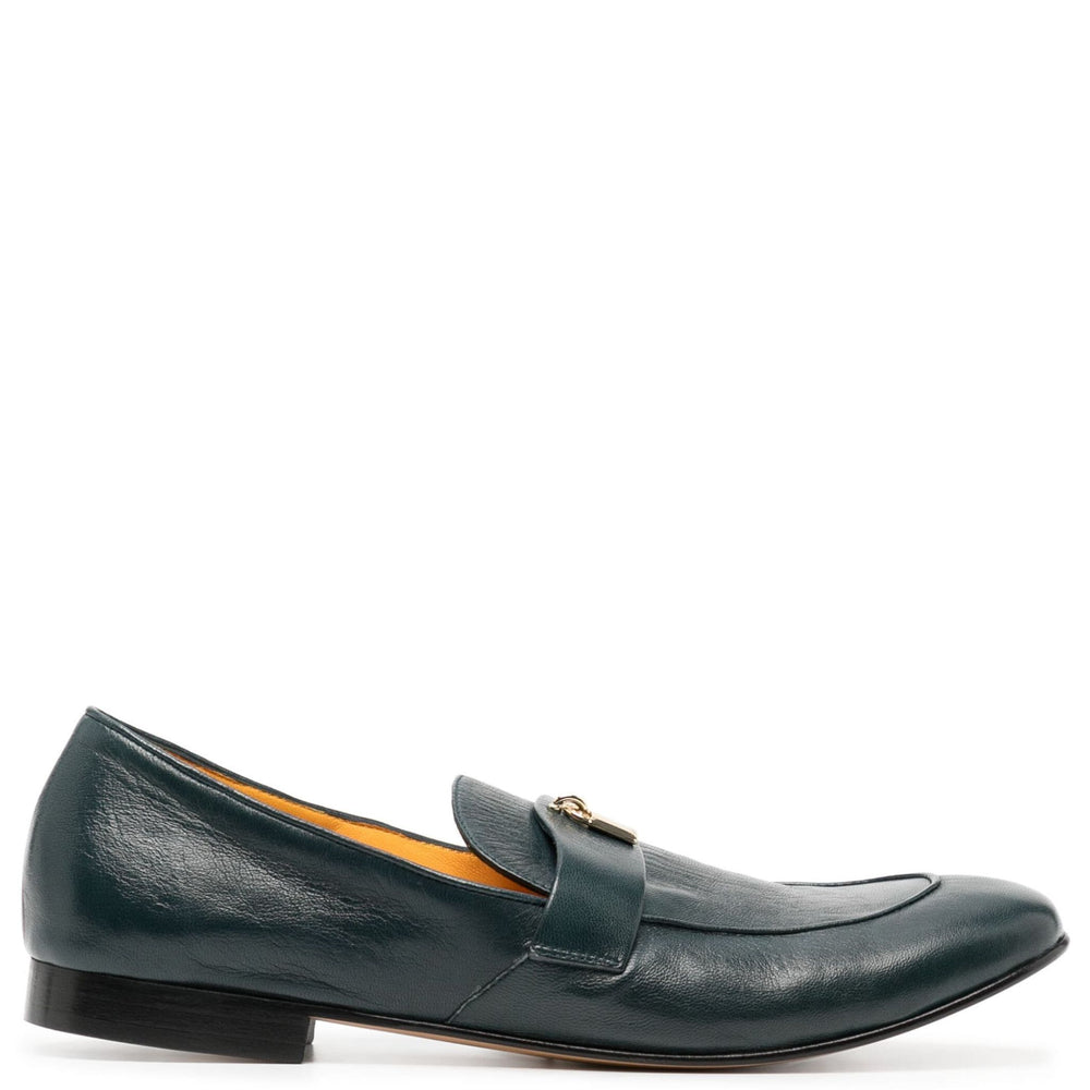 Teal leather flat loafer with gold lock buckle strap, low block heel