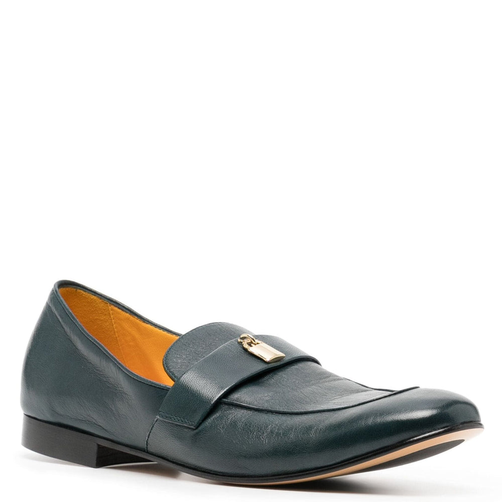Teal leather flat loafer with gold lock buckle strap, low block heel