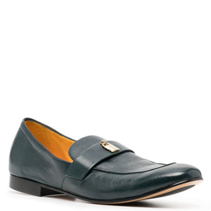 Teal leather flat loafer, square-toe slip-on with gold lock buckle accent