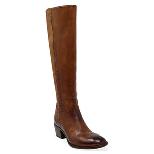 Cognac knee-high leather boot with angled toe and block heel