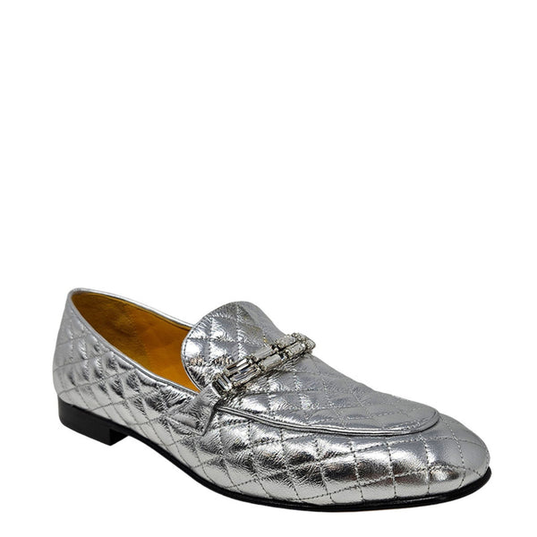 Metallic silver quilted flat loafer, slip-on design with tassel bar ornament