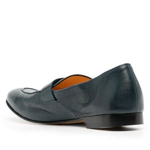 Teal leather flat loafer back view with low block heel and seam stitching