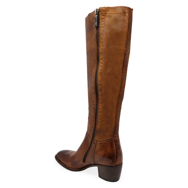 Cognac knee-high leather boot with full side zipper and block heel