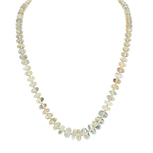 Opal-like beaded necklace with small round faceted stones in pale blue and cream