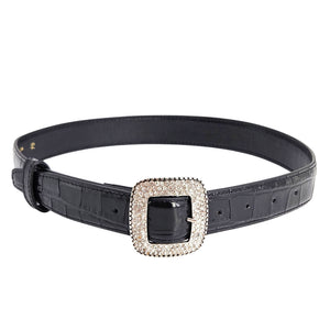Black croc-embossed leather belt with square rhinestone buckle
