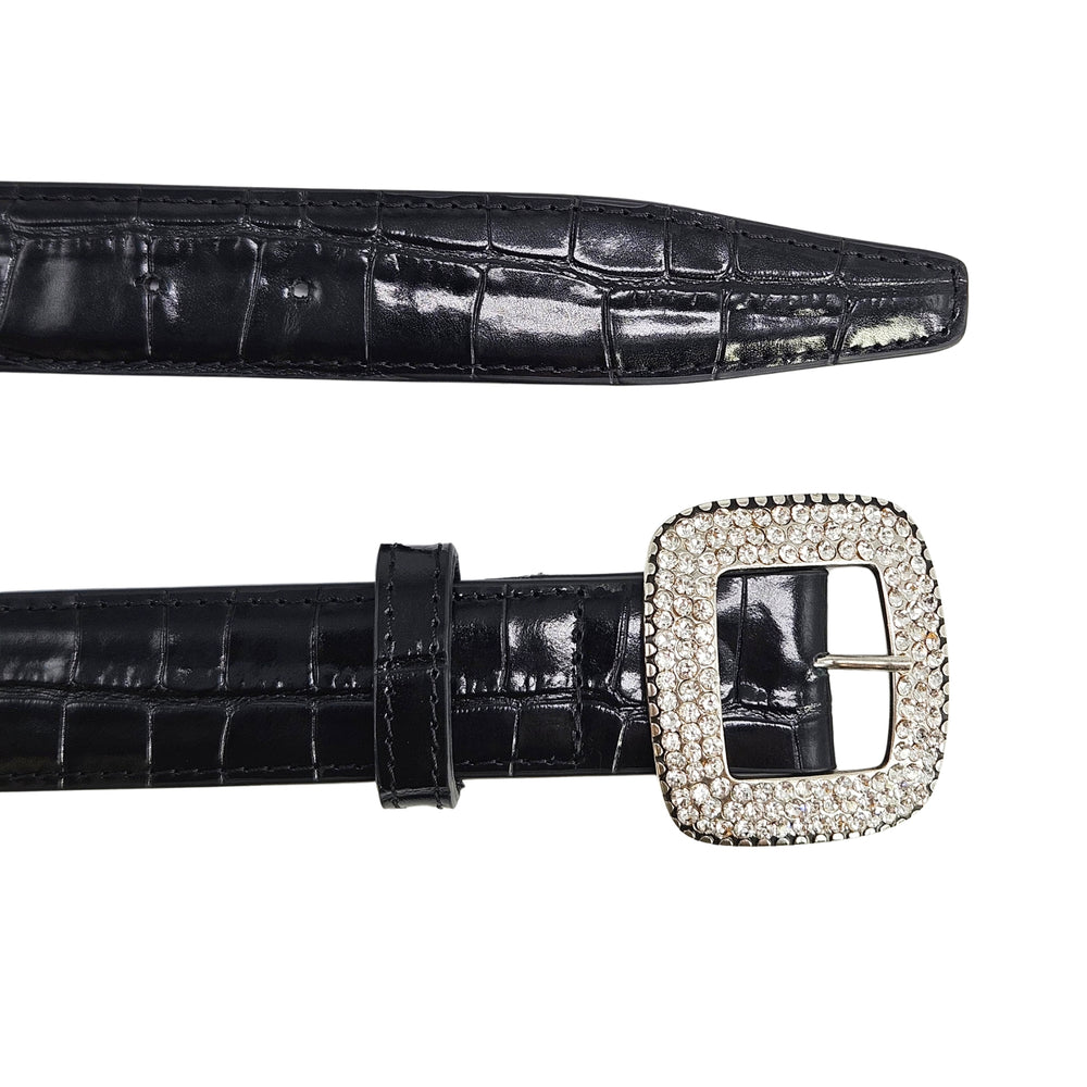 Black croc-embossed leather belt with square rhinestone buckle