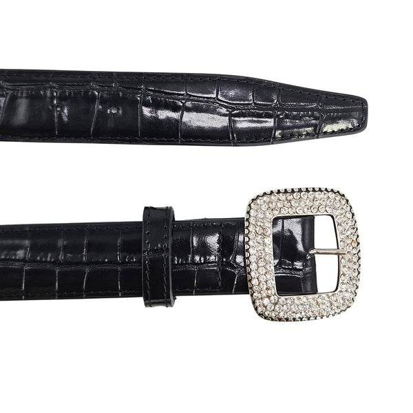 Black croc-embossed leather belt with square rhinestone buckle, side view