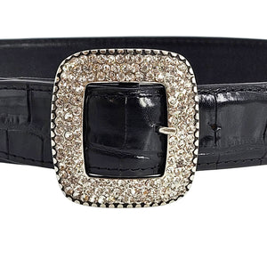 Black croc-embossed leather belt with large square rhinestone buckle centerpiece
