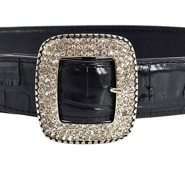 Black croc-embossed leather belt with large square rhinestone buckle centerpiece
