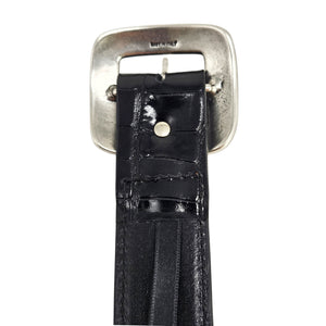 Black croc-embossed leather belt with silver-tone buckle back and keeper