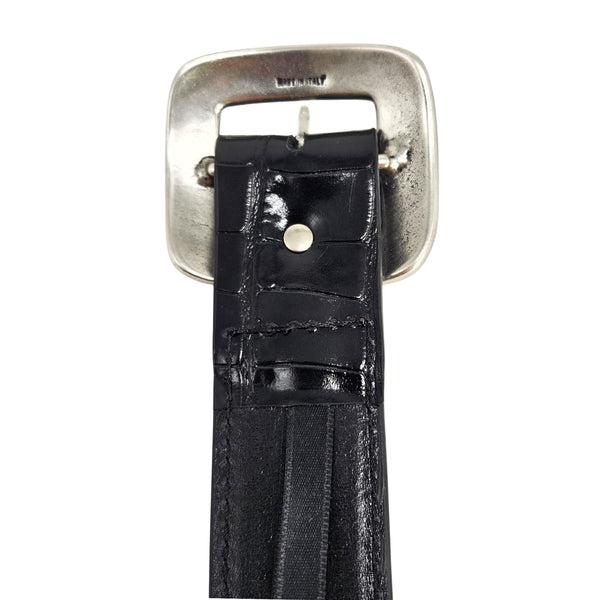 Black croc-embossed leather belt with silver-tone buckle back and keeper