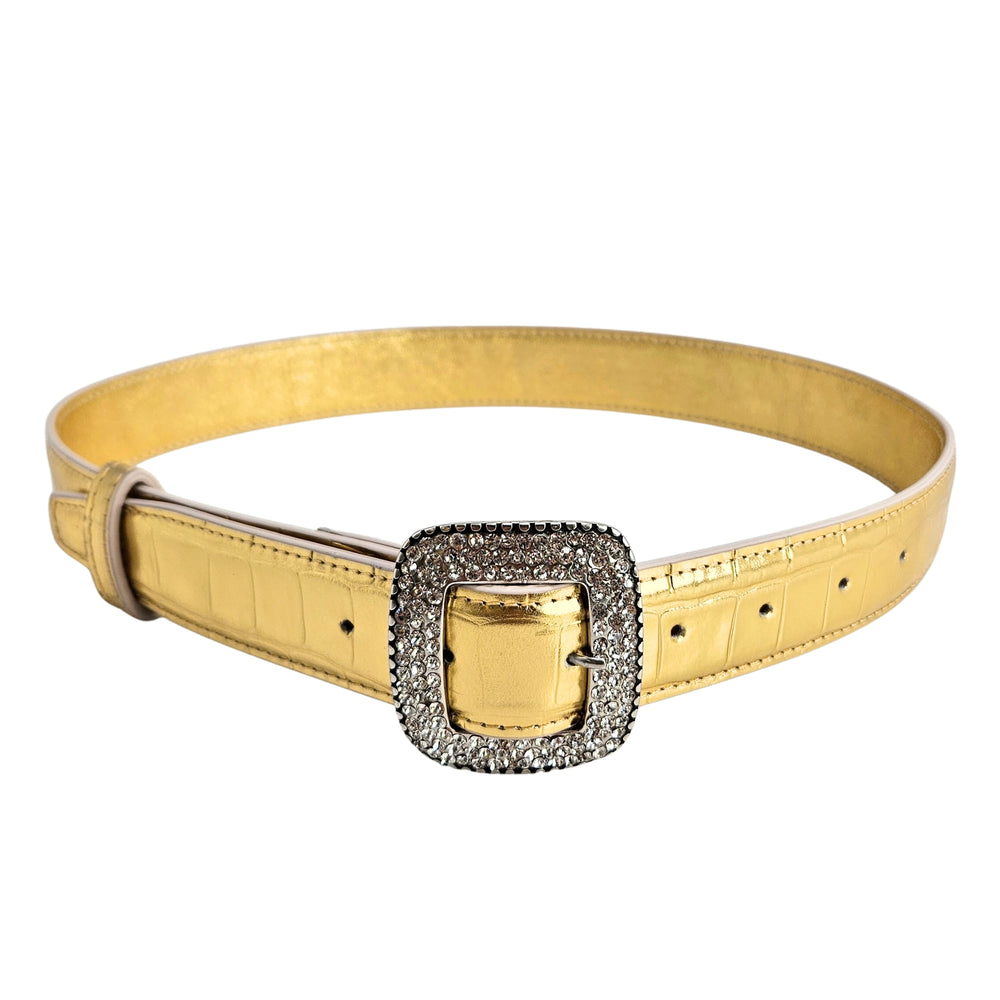 Gold croc-embossed leather belt with square rhinestone buckle and metal clasp