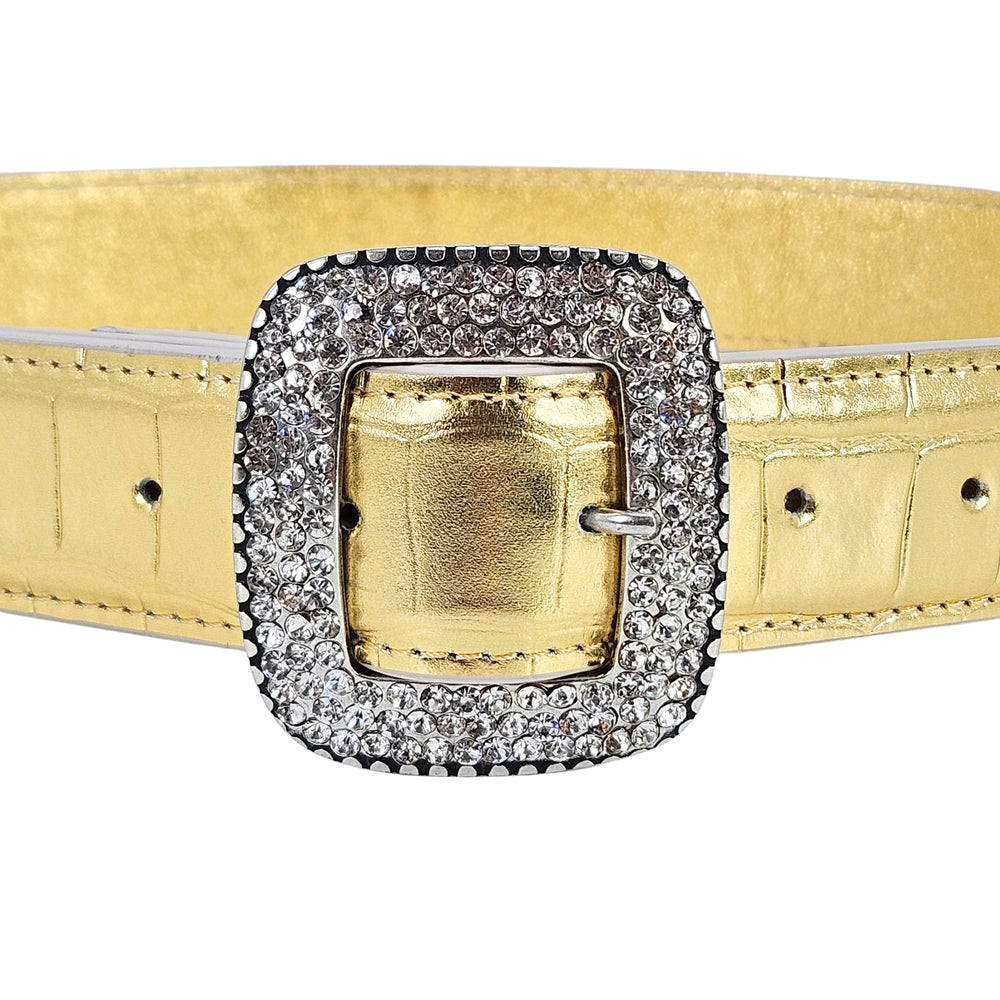 Gold croc-embossed leather belt with square rhinestone buckle and metal clasp