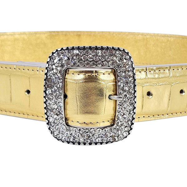 Gold croc-embossed belt with large square rhinestone buckle over gold center