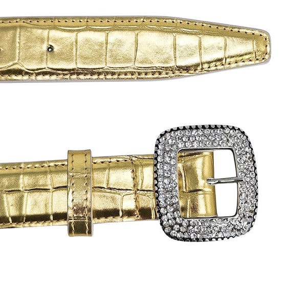 Gold croc-embossed belt detail showing square buckle and metal pin closure