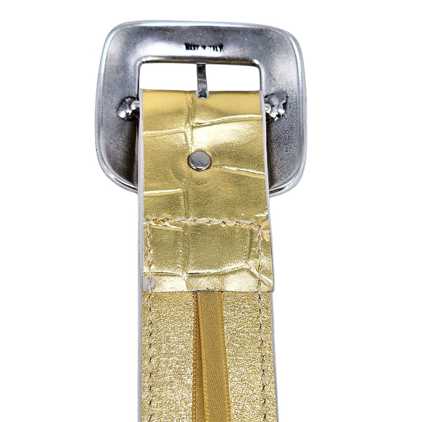 Gold croc-embossed leather belt with rectangular prong buckle and metal back