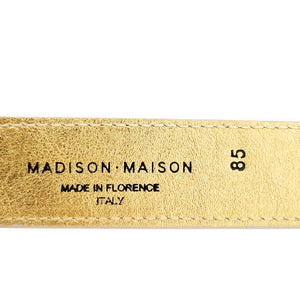 Gold belt label: MADISON·MAISON, MADE IN FLORENCE, ITALY, size 85