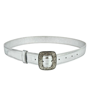 Silver croc-embossed leather belt with square rhinestone buckle