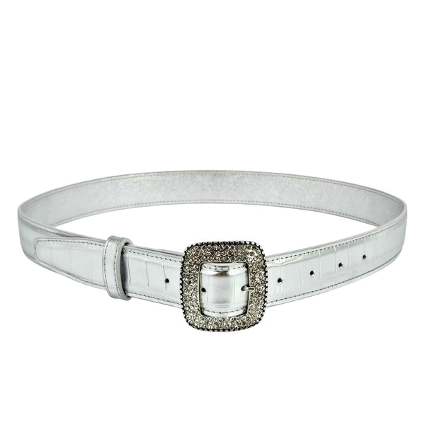 Silver croc-embossed leather belt with square rhinestone buckle