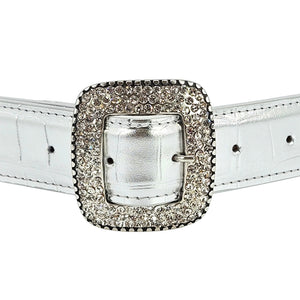 Silver croc-embossed leather belt with jeweled square buckle and metal keeper