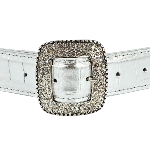 Silver croc-embossed leather belt with jeweled square buckle and metal keeper
