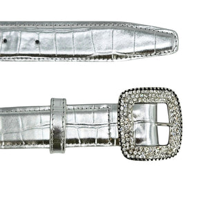 Silver croc-embossed leather belt with adjustable strap holes and rhinestone buckle