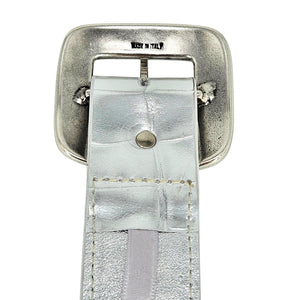 Silver square buckle belt clasp in metal with embossed leather strap