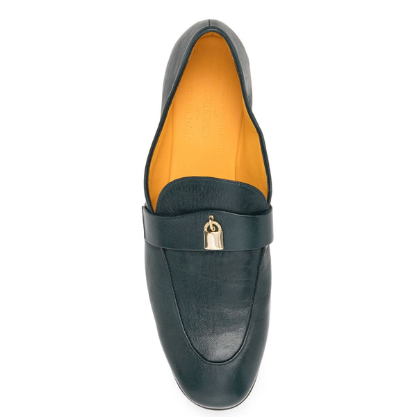 Teal leather flat loafer with gold lock strap and orange interior lining