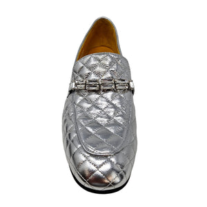 Metallic silver quilted flat loafer front, with decorative tassel bar across vamp