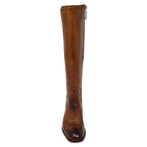 Cognac knee-high leather boot with rounded toe and low block heel