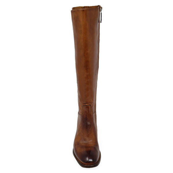 Cognac knee-high leather boot with rounded toe and low block heel