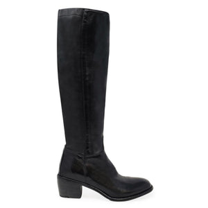 Black knee-high boot with block heel and rounded toe