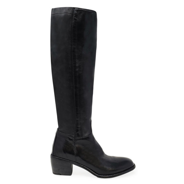 Black knee-high boot with block heel and rounded toe