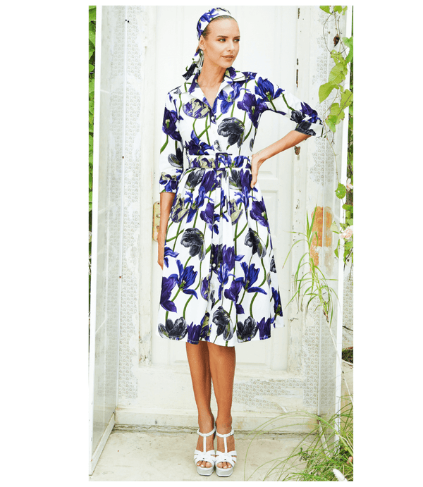 White long dress with blue and purple tulip print, belted waist, button-front collar