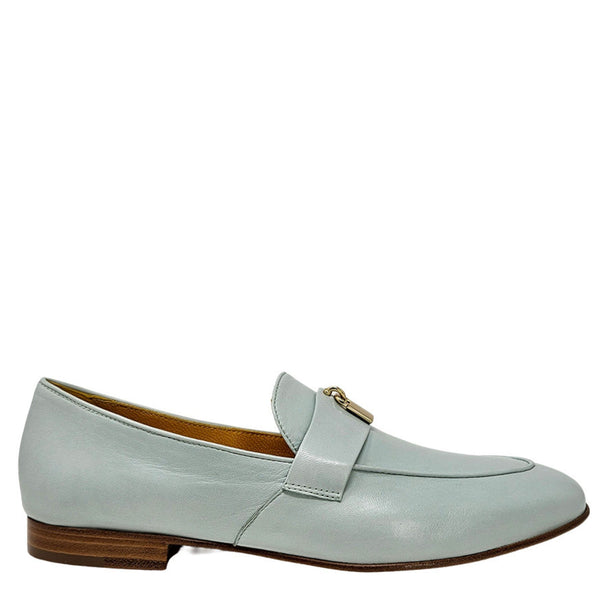 Seafoam leather flat loafer with buckle strap and square toe