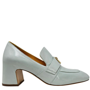 Seafoam leather loafer with lock-style gold strap detail and mid block heel