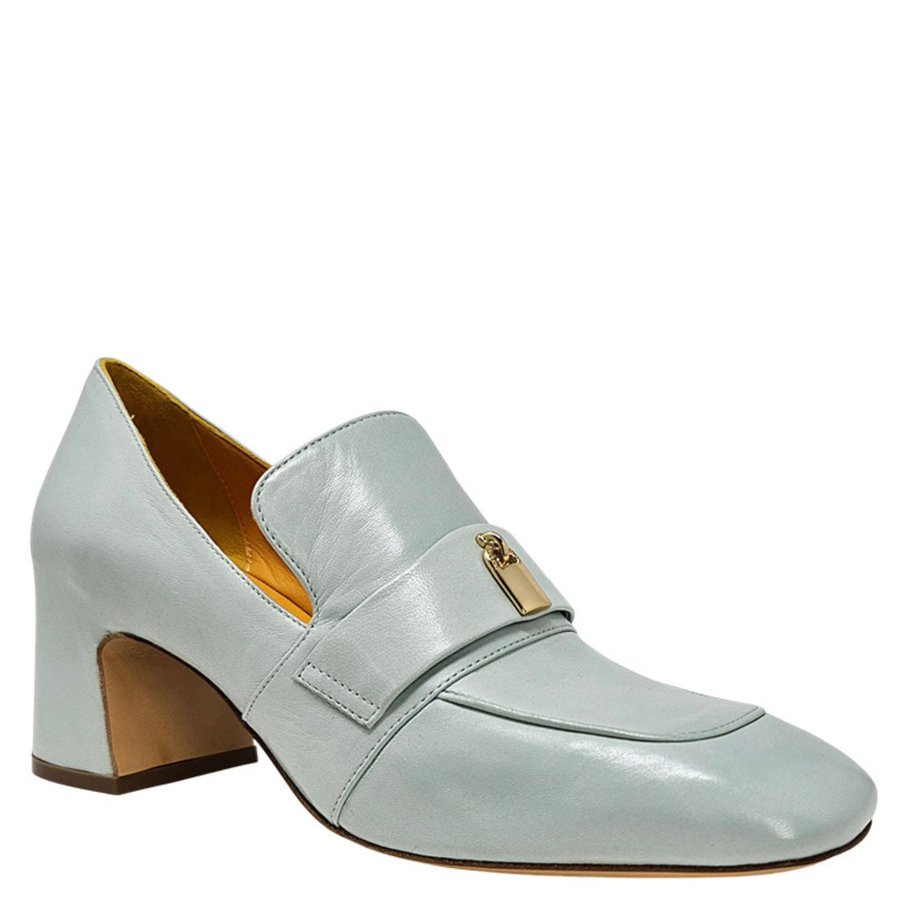 Seafoam leather loafer with lock-style gold strap detail and mid block heel