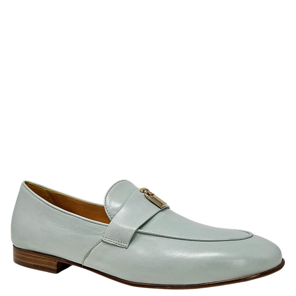 Seafoam leather flat loafer with buckle strap and square toe