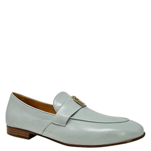 Seafoam leather loafer, slip-on design with gold buckle accent