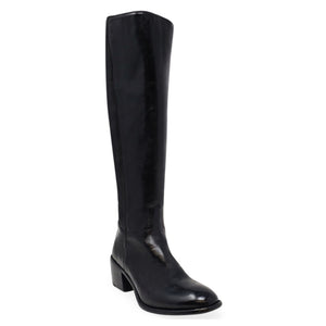 Black knee-high boot with low block heel and side seam