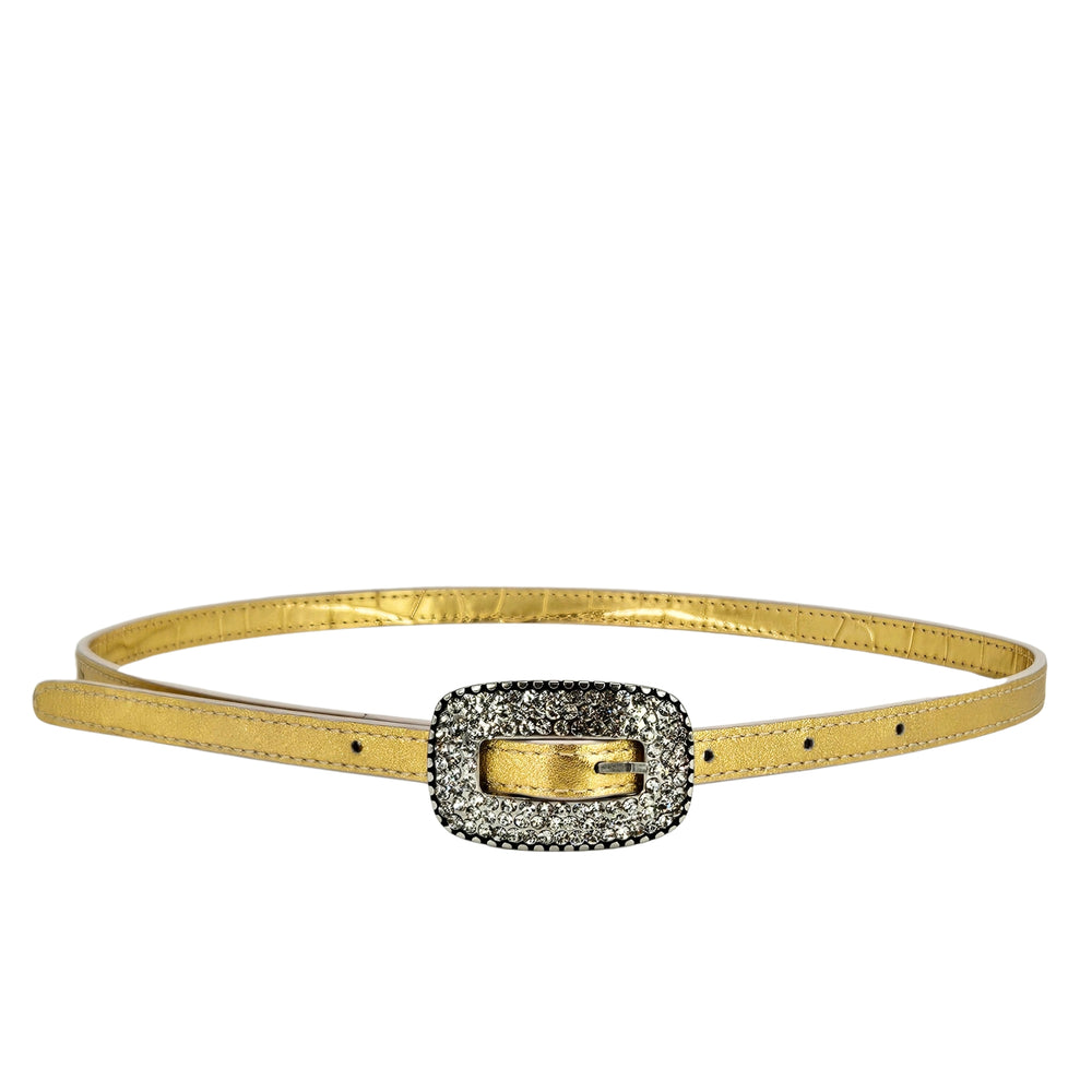 Gold thin croc-embossed leather belt with rhinestone oval buckle and gold center