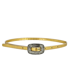 Gold thin croc-embossed leather belt with rhinestone oval buckle and gold center