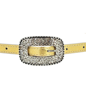 Gold thin croc-embossed belt with rhinestone oval buckle and gold bar clasp center