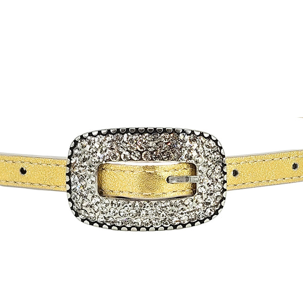 Gold thin croc-embossed belt with rhinestone oval buckle and gold bar clasp center