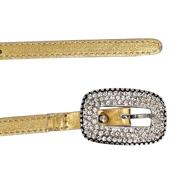 Gold thin belt with croc-embossed texture and side view rhinestone oval buckle