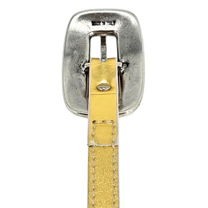 Gold croc-embossed leather belt clasp with rhinestone oval buckle backing and metal loop