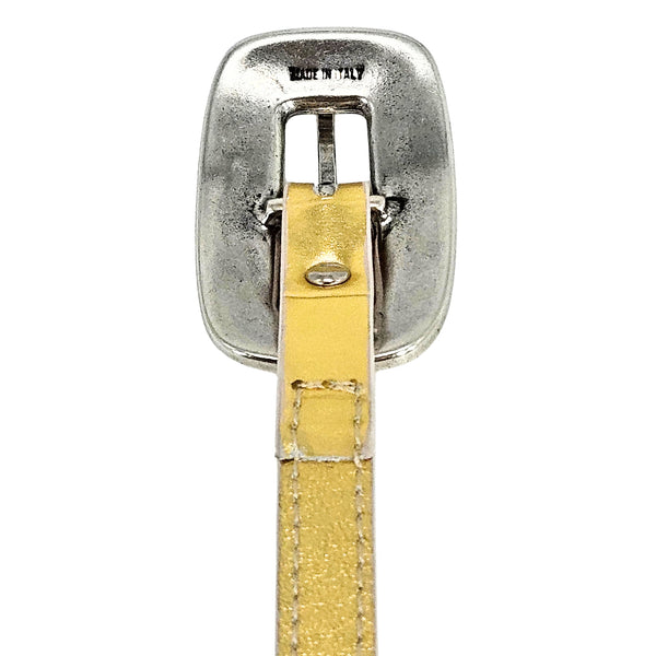 Gold croc-embossed leather belt clasp with rhinestone oval buckle backing and metal loop